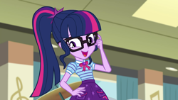 Size: 1920x1080 | Tagged: safe, derpibooru import, screencap, sci-twi, twilight sparkle, better together, equestria girls, overpowered (equestria girls), cute, cute face, geode of telekinesis, magical geodes, ponytail, smiling, solo, twiabetes