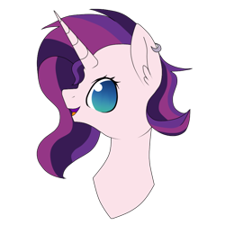 Size: 750x750 | Tagged: safe, artist:princess-of-the-nigh, derpibooru import, oc, oc only, oc:evening glitter, pony, unicorn, bust, commission, ear piercing, earring, female, icey-verse, jewelry, magical lesbian spawn, mare, next generation, offspring, open mouth, parent:starlight glimmer, parent:sunset shimmer, parents:shimmerglimmer, piercing, simple background, solo, transparent background