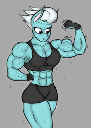 Size: 938x1328 | Tagged: safe, artist:calm wind, artist:matchstickman, derpibooru import, fleetfoot, anthro, 1000 years in photoshop, abs, biceps, breasts, busty fleetfoot, clothes, fleetflex, flexing, gloves, muscles, muscular female, no tail, sports bra, sweat, wingless, wingless anthro, workout outfit