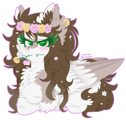 Size: 832x792 | Tagged: safe, artist:vanillaswirl6, derpibooru import, oc, oc only, pegasus, pony, blushing, colored pupils, colored wings, colored wingtips, commission, flower, flower in hair, freckles, green eyes, mouth hold, signature, simple background, transparent background, unnamed oc