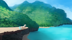 Size: 2560x1440 | Tagged: safe, artist:floverale-hellewen, derpibooru import, coco pommel, earth pony, pony, cliff, female, forest, looking down, mare, mountain, ocean, outdoors, prone, scenery, signature, solo