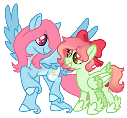 Size: 791x734 | Tagged: safe, artist:sandwichbuns, derpibooru import, oc, oc only, oc:gale wings, oc:ladybird, pegasus, pony, bow, female, hair bow, magical lesbian spawn, mare, offspring, parent:fluttershy, parent:rainbow dash, parents:flutterdash, simple background, sisters, tail bow, transparent background