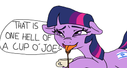 Size: 1221x653 | Tagged: safe, artist:paintanon, derpibooru import, twilight sparkle, coffee, dialogue, earth pony twilight, israel, solo