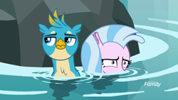 Size: 1920x1080 | Tagged: safe, derpibooru import, screencap, gallus, silverstream, griffon, seapony (g4), what lies beneath, duo, female, male, nightmare cave, scared, water