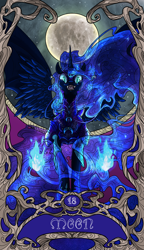 Size: 822x1425 | Tagged: safe, artist:sourcherry, derpibooru exclusive, derpibooru import, nightmare moon, pony, armor, blue fire, ethereal mane, fire, full moon, horn, hybrid wings, looking at you, major arcana, modern art, moon, nouveau, open mouth, slit eyes, solo, spread wings, starry mane, tarot, tarot card, wings