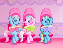 Size: 975x749 | Tagged: safe, derpibooru import, screencap, cotton candy (g3), pony, g3, the princess promenade, book, chair, female, hair curlers, hair dryer, hair salon, looking at each other, reading, sitting