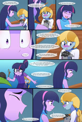 Size: 1280x1920 | Tagged: safe, artist:jase1505, artist:verumtee, derpibooru import, sci-twi, twilight sparkle, oc, oc:stargazer lily, spider, comic:confessions, series:sunlight horizons, equestria girls, comic, crying, female, half-siblings, offspring, parent:night light, parent:pear butter, parents:pearlight, protecting, scared, shaking, sick, sisters, smiling, stick, sweat