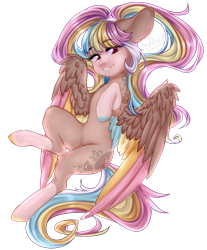 Size: 1111x1343 | Tagged: safe, artist:dusty-onyx, derpibooru import, oc, oc only, oc:poprocks, pegasus, pony, blank flank, colored wings, dappled, female, lightly watermarked, mare, multicolored hair, multicolored wings, pigtails, pink eyes, simple background, smiling, socks (coat marking), solo, transparent background, twintails, watermark, wings