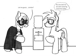 Size: 1121x821 | Tagged: safe, artist:dsb71013, derpibooru import, oc, oc only, oc:night cap, oc:static signal, clothes, comic, costume, hoof hold, lineart, monochrome, phantom of the opera, tired