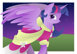 Size: 1024x724 | Tagged: safe, artist:lavenderrain24, derpibooru import, twilight sparkle, twilight sparkle (alicorn), alicorn, pony, clothes, coronation dress, dress, female, gem, hooves, horn, lineless, mare, night, night sky, simple background, sky, smiling, solo, spread wings, stars, transparent background, wings