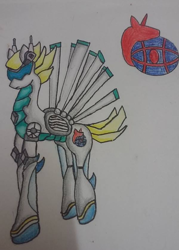 Size: 600x837 | Tagged: safe, artist:twilightlsparkle, derpibooru import, oc, oc only, oc:flame column, pegasus, pony, agent, colored pencil drawing, crossover, expressionless face, headset, lobotomy corporation, male, paper, simple background, traditional art, unicorn corporation, white background