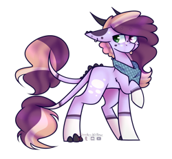 Size: 2900x2684 | Tagged: safe, artist:wooden-willow, derpibooru import, oc, oc only, original species, pony, :p, adoptable, clothes, digital art, double tail, ear piercing, female, heterochromia, high res, horns, mare, one hoof raised, piercing, scarf, signature, silly, simple background, solo, standing, tongue out, transparent background, two tails, ych result