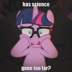 Size: 720x720 | Tagged: safe, derpibooru import, edit, edited screencap, screencap, sci-twi, twilight sparkle, pony, unicorn, better together, equestria girls, spring breakdown, caption, chubby cheeks, has science gone too far?, image macro, ponified, shocked expression, solo, squishy cheeks, text, unicorn sci-twi, what has magic done, what has science done