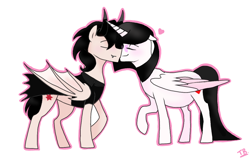 Size: 1200x765 | Tagged: safe, artist:twiligh baibua, derpibooru import, oc, oc only, oc:bella mercy, oc:hammy ringtail, alicorn, alicorn oc, bat wings, couple, eyes closed, fangs, female, glasses, heart, husband and wife, male, nuzzling, oc x oc, pregnant, shipping, signature, straight