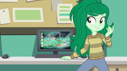 Size: 1920x1080 | Tagged: safe, derpibooru import, screencap, wallflower blush, better together, equestria girls, forgotten friendship, canterlot high, clothes, computer, female, freckles, keyboard, pants, smiling, solo, sweater