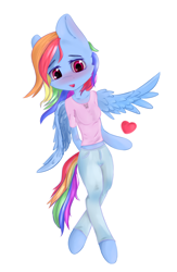 Size: 3764x5787 | Tagged: safe, artist:generallegion, derpibooru import, rainbow dash, anthro, pegasus, unguligrade anthro, arm hooves, blushing, clothes, female, heart, jeans, mare, pants, solo, wings