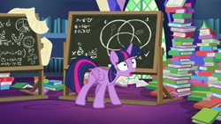 Size: 1280x720 | Tagged: safe, derpibooru import, screencap, twilight sparkle, twilight sparkle (alicorn), alicorn, pony, best gift ever, book, chalkboard, female, mare, shrunken pupils, solo