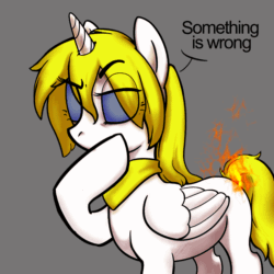 Size: 1100x1100 | Tagged: safe, artist:a1tar, derpibooru import, oc, oc:deadie, alicorn, pony, unicorn, alicorn oc, animated, blonde, blue eyes, butt fire, commission, fire, gif, hair, horn, on fire, simple background, solo, text, thinking, wings, ych result