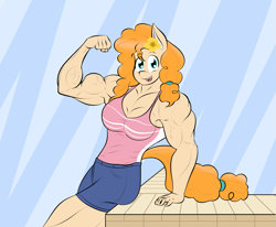 Size: 1349x1112 | Tagged: safe, alternate version, artist:matchstickman, derpibooru import, pear butter, anthro, earth pony, armpits, biceps, breasts, busty pear butter, clothes, deltoids, female, flexing, leaning back, looking at you, mare, muscles, muscular female, pear buffer, solo, triceps