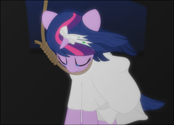 Size: 1920x1382 | Tagged: safe, artist:eagle1division, derpibooru import, twilight sparkle, pony, bow, clothes, crying, dark background, dress, execution, eyes closed, female, hanging (by neck), imminent suicide, mare, noose, ribbon, rope, sad, solo, white dress