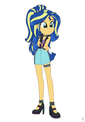 Size: 1660x2390 | Tagged: safe, artist:ilaria122, derpibooru import, oc, oc:shining swirls, equestria girls, choker, clothes, denim skirt, high heels, jacket, leather jacket, miniskirt, next generation, offspring, parent:flash sentry, parent:sunset shimmer, parents:flashimmer, shoes, simple background, skirt, spiked choker, spiked headband, transparent background, vector