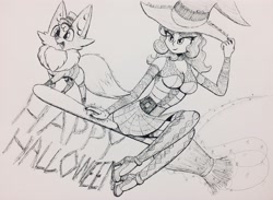 Size: 3214x2358 | Tagged: safe, artist:floofyfoxcomics, derpibooru import, oc, oc:autumn science, fennec fox, human, broom, hat, high heels, humanized, monochrome, shoes, traditional art, witch costume, witch hat