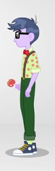 Size: 233x715 | Tagged: safe, derpibooru import, screencap, microchips, better together, equestria girls, rollercoaster of friendship, apple, caramel apple (food), clothes, converse, food, glasses, male, pants, shoes, side view, sneakers