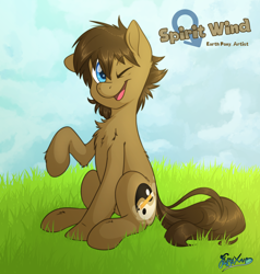 Size: 3800x4000 | Tagged: safe, artist:fluffyxai, derpibooru import, oc, oc only, oc:spirit wind, earth pony, pony, looking at you, male, one eye closed, raised hoof, sitting, smiling, solo, stallion, wink