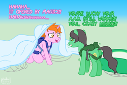 Size: 1500x1000 | Tagged: safe, artist:phallen1, derpibooru import, oc, oc only, oc:maya northwind, oc:sadie michaels, atg 2018, covered, crying, dialogue, nervous laugh, newbie artist training grounds, parachute, ponified oc, reserve parachute, skydiving, yelling