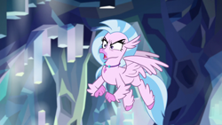 Size: 1280x720 | Tagged: safe, derpibooru import, screencap, silverstream, classical hippogriff, hippogriff, what lies beneath, female, flying, jewelry, necklace, nightmare cave, solo