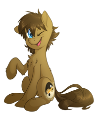 Size: 3341x4133 | Tagged: safe, artist:fluffyxai, derpibooru import, oc, oc only, oc:spirit wind, earth pony, pony, chest fluff, looking at you, male, one eye closed, raised hoof, simple background, sitting, smiling, solo, stallion, transparent background, wink