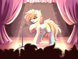 Size: 4444x3333 | Tagged: safe, artist:airiniblock, derpibooru import, oc, oc only, oc:passion fruit, earth pony, pony, audience, commission, female, mare, microphone, rcf community, silhouette, singing, smiling, stage