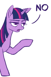 Size: 661x997 | Tagged: safe, anonymous artist, derpibooru import, edit, twilight sparkle, pony, female, mare, no, open mouth, raised hoof, reaction image, solo, unamused