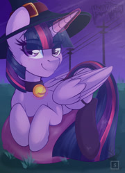 Size: 1280x1773 | Tagged: safe, artist:php97, derpibooru import, twilight sparkle, twilight sparkle (alicorn), alicorn, adorasexy, balloon, bell, bell collar, clothes, collar, cute, halloween, hat, holiday, power line, sexy, socks, solo, witch hat