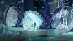 Size: 1280x720 | Tagged: safe, derpibooru import, screencap, gallus, silverstream, classical hippogriff, griffon, hippogriff, what lies beneath, cave, crystal, duo, female, jewelry, male, necklace, nightmare cave, spread wings, wings