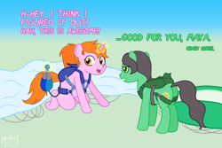 Size: 1500x1000 | Tagged: safe, artist:phallen1, derpibooru import, oc, oc only, oc:maya northwind, oc:sadie michaels, atg 2018, dialogue, enthusiasm, magic, newbie artist training grounds, nonplussed, parachute, ponified oc, reserve parachute, skydiving