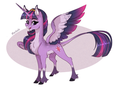 Size: 2428x1752 | Tagged: safe, artist:marbola, derpibooru import, twilight sparkle, twilight sparkle (alicorn), alicorn, pony, abstract background, alternate design, cheek fluff, colored wings, colored wingtips, ear fluff, eyeshadow, female, fluffy, jewelry, leg fluff, leonine tail, lidded eyes, looking at you, makeup, mare, neck fluff, open mouth, pubic fluff, signature, smiling, solo, spread wings, tail fluff, tiara, unshorn fetlocks, wing fluff, wings