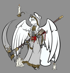 Size: 805x842 | Tagged: safe, artist:cantershirecommons, derpibooru import, oc, oc only, oc:thanatos, alicorn, alicorn oc, armor, bipedal, book, candle, colored, concept art, impractical weapon, jewelry, male, robes, scythe, solo, stallion