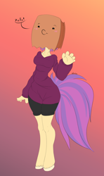 Size: 1024x1726 | Tagged: safe, artist:etruisarts, derpibooru import, oc, oc only, oc:paper bag, anthro, unguligrade anthro, anthro oc, blushing, clothes, dialogue, female, gradient background, happy, hooves, paper bag, shorts, smiling, solo, sweater