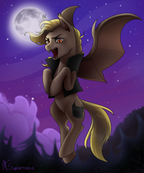 Size: 1400x1680 | Tagged: safe, artist:supermare, derpibooru import, oc, oc only, bat pony, bat pony oc, clothes, commission, flying, forest, full moon, moon, night, open mouth, solo, stars, tree