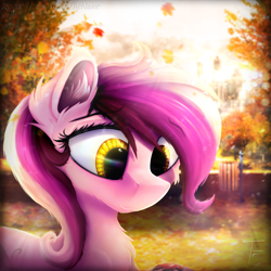 Size: 2000x2000 | Tagged: safe, artist:thefunnysmile, derpibooru import, oc, oc only, oc:tux, pony, autumn, blurry background, bust, chest fluff, ear fluff, female, leaf, leaves, lens flare, looking down, mare, muzzle fluff, portrait, smiling, solo