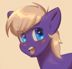 Size: 2000x1911 | Tagged: safe, artist:klooda, derpibooru import, oc, pony, blue eyes, blushing, bust, dots, highlights, male, open mouth, portrait, solo, stallion, yellow mane