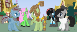 Size: 1024x430 | Tagged: safe, artist:leanne264, derpibooru import, oc, oc only, oc:boring song, oc:bubble tea, oc:cedarwood, oc:z.a.p.p, oc:zachary, earth pony, pony, robot, robot pony, unicorn, beret, clothes, female, hat, male, mare, offspring, parent:mud briar, parent:tree hugger, stallion, sweater