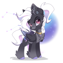 Size: 1600x1612 | Tagged: safe, artist:pvrii, derpibooru import, oc, oc only, oc:stellar solstice, pony, chest fluff, chibi, digital art, ear fluff, ear piercing, grumpy, hairband, jewelry, leg fluff, male, necklace, signature, solo, stallion, transparent background, white hair, white mane, white tail