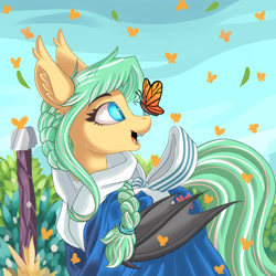 Size: 3500x3500 | Tagged: safe, artist:ask-colorsound, derpibooru import, oc, oc only, oc:icy breeze, bat pony, butterfly, pony, bat pony oc, butterfly on nose, clothes, ear fluff, ear tufts, ears, fangs, female, mare, open mouth, outdoors, smiling, ych result