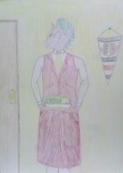 Size: 1024x1449 | Tagged: safe, artist:mildgyth, derpibooru import, firelight, anthro, banner, cheese, clothes, crossdressing, food, male, necktie, one eye closed, radish, sabzi khordan, santa cruz fc, shirt, skirt, solo, traditional art, vest, wink, ziragshabdarverse