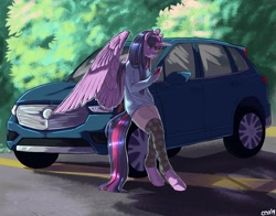 Size: 2800x2200 | Tagged: safe, artist:chasingthesilverstag, derpibooru import, twilight sparkle, twilight sparkle (alicorn), alicorn, anthro, unguligrade anthro, car, cellphone, clothes, female, large wings, mare, phone, smiling, solo, wings