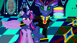 Size: 3000x1700 | Tagged: artist needed, source needed, safe, derpibooru import, twilight sparkle, twilight sparkle (alicorn), oc, oc:vain, alicorn, pony, design, oc villain, prince, room, throne room