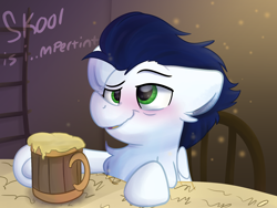 Size: 2000x1500 | Tagged: safe, artist:littleblackraencloud, derpibooru import, soarin', pony, blushing, cider, drunk, male, solo, tankard