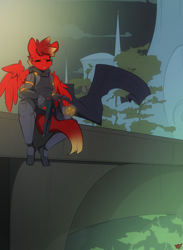 Size: 2421x3300 | Tagged: safe, artist:bbsartboutique, derpibooru import, oc, oc:infernus, pony, armor, bridge, cape, clothes, destiny, gun, weapon